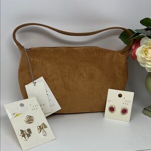 A NEW DAY TARGET BUNDLE 3 - FAUX SUEDE HANDBAG RED GOLD EARRINGS GOLD PEARL PINS
